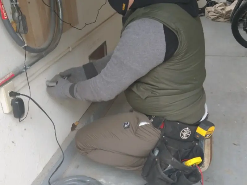 Electrician performing outlet wiring in a Fullerton garage